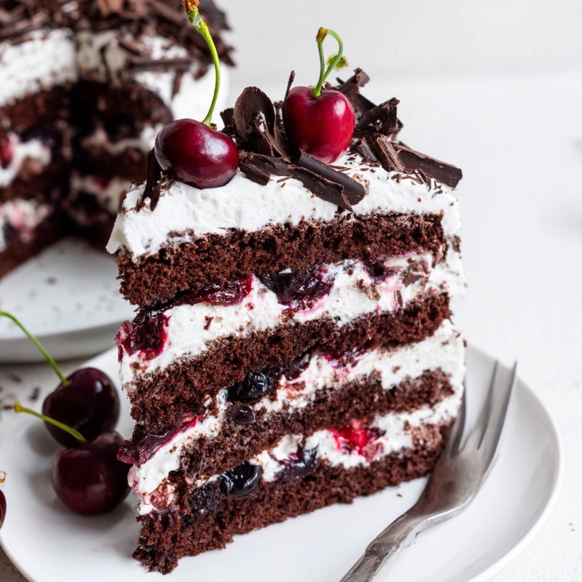 Klassische Schwarzwälder Kirschtorte: Eine üppige deutsche Torte mit cremiger Füllung und zarten Schokoladenraspeln.