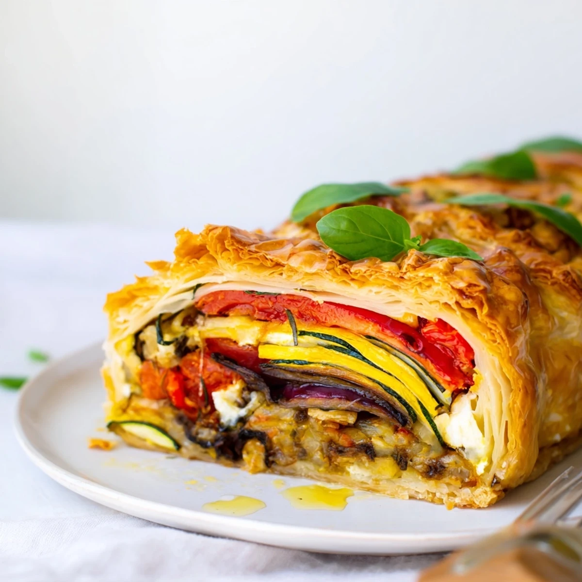 Zarte, goldene Roasted Vegetable and Cheese Tart mit geschmolzenem Käse und buntem Gemüse.  