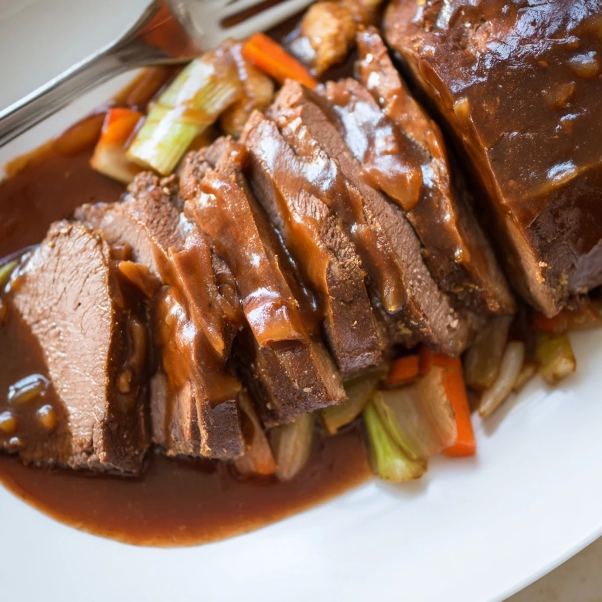 Klassischer Sauerbraten, serviert mit cremiger Soße und buntem Gemüse.  