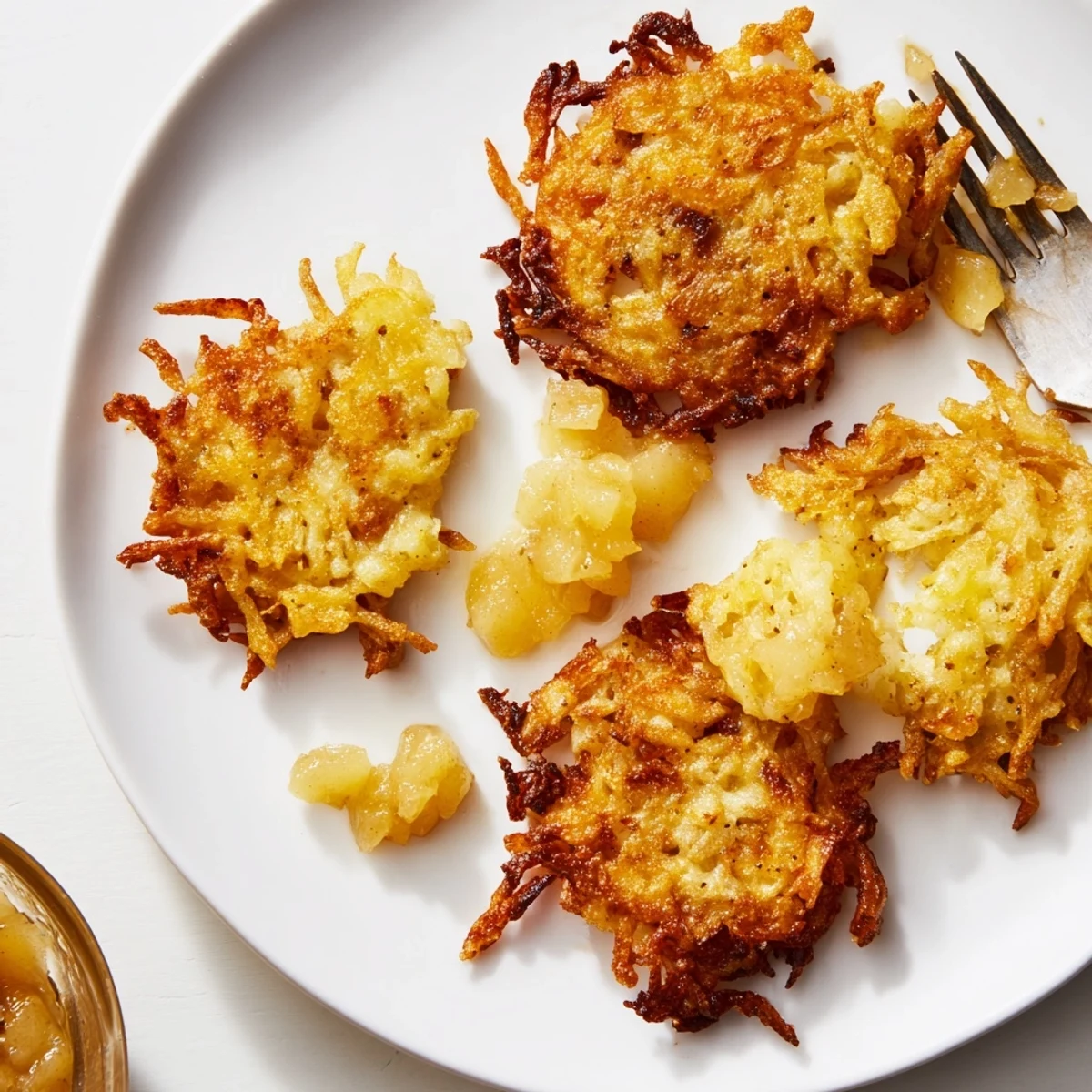 Klassische knusprige Kartoffel-Latkes serviert mit süßer hausgemachter Apfelsoße.