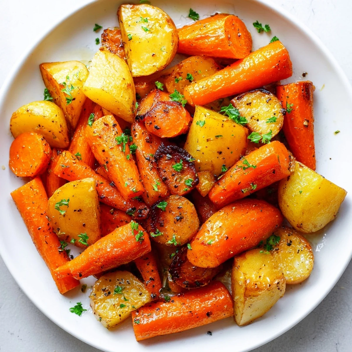 Zarte Karotten und goldene Kartoffeln in süßem Honigglasur, perfekt als Beilage.