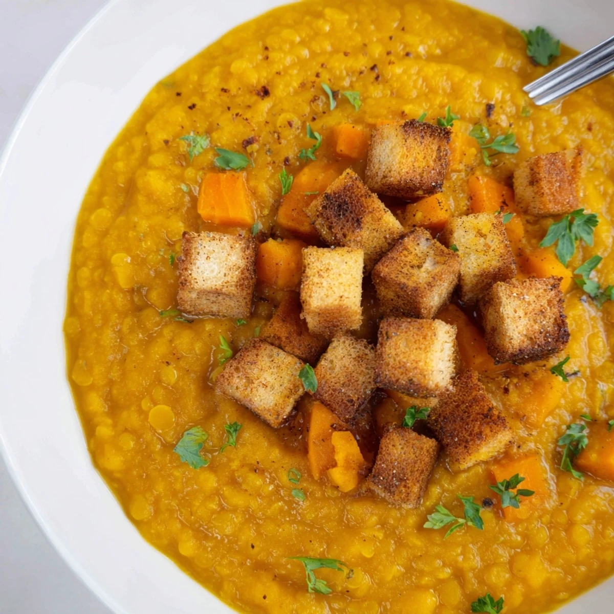 Wärmende Kürbis und Linsen Suppe, perfekt abgerundet mit aromatischen Croutons.